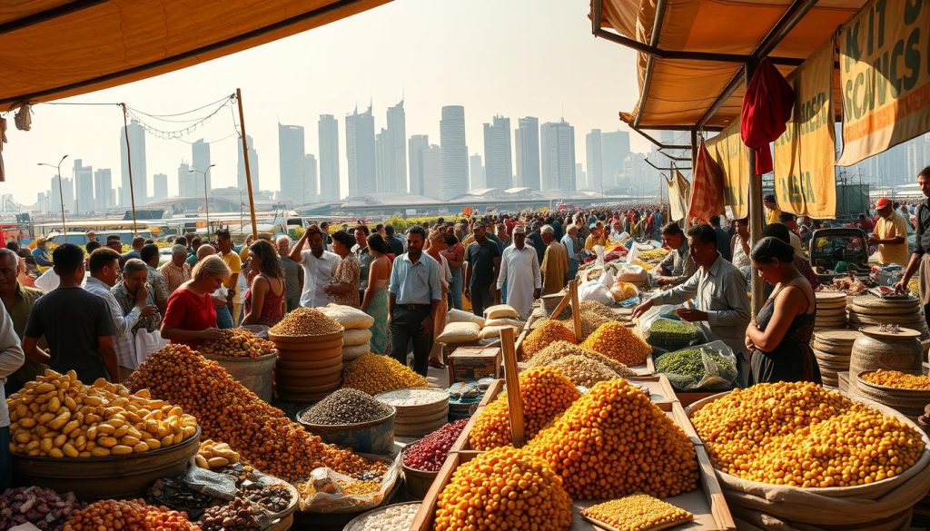 A bustling marketplace in a rapidly developing economy, with vendors selling a diverse array of raw materials and commodities. In the foreground, stalls display piles of precious metals, gemstones, and agricultural products, illuminated by warm, diffused sunlight filtering through the canopy overhead. In the middle ground, a throng of buyers and sellers negotiate prices, their gestures and expressions conveying the dynamic energy of an emerging market. The background is a panorama of modern high-rises and infrastructure, symbolizing the growth and modernization transforming the region. The overall scene evokes a sense of economic potential, cultural vibrancy, and the promise of future prosperity.
