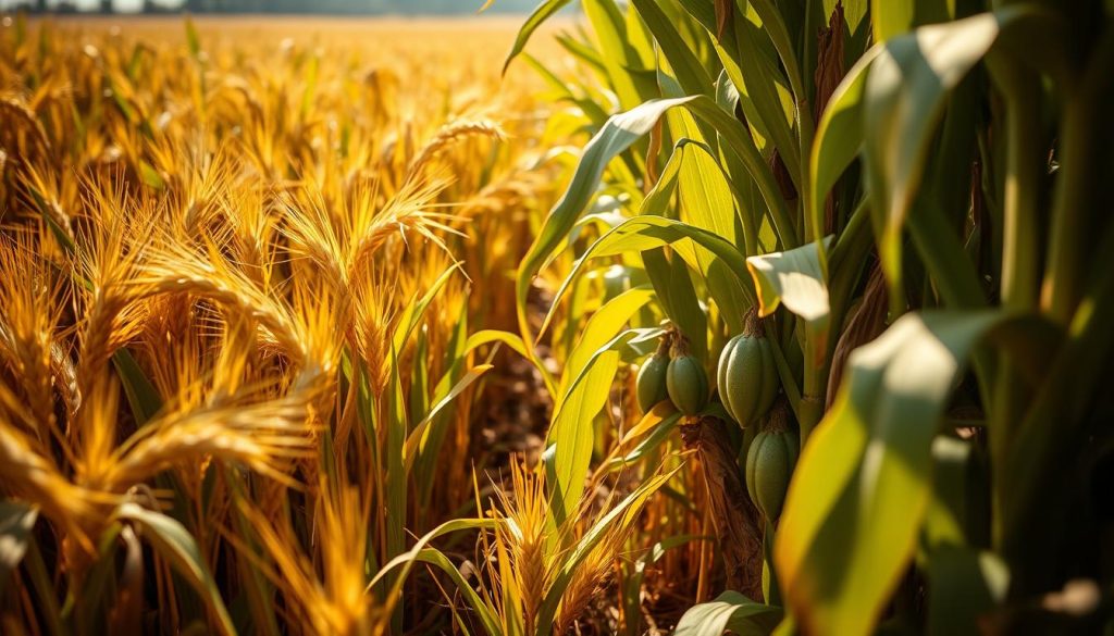A lush, sun-dappled field of golden wheat and verdant corn stalks, with cacao pods nestled among the rich foliage. The scene is captured from a low, ground-level angle, emphasizing the bountiful harvest. Soft, warm lighting casts long shadows across the scene, evoking a sense of tranquility and abundance. The image has a depth of field that blurs the distant horizon, drawing the viewer's focus to the vibrant, tactile textures of the agricultural products. The composition is balanced and harmonious, showcasing the natural beauty and importance of these essential crops.
