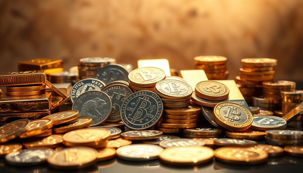 A majestic still life capturing the allure of precious metals. In the foreground, a stunning arrangement of gold, silver, platinum, and palladium ingots, their lustrous surfaces reflecting the soft, warm light. The middle ground features polished coins and bars, each with intricate designs that shimmer and dance. In the background, a subtle gradient of earthy tones and shadows creates depth and a sense of timeless elegance. The overall composition evokes the timeless value and prestige of these coveted commodities, inviting the viewer to appreciate their tactile beauty and enduring worth.